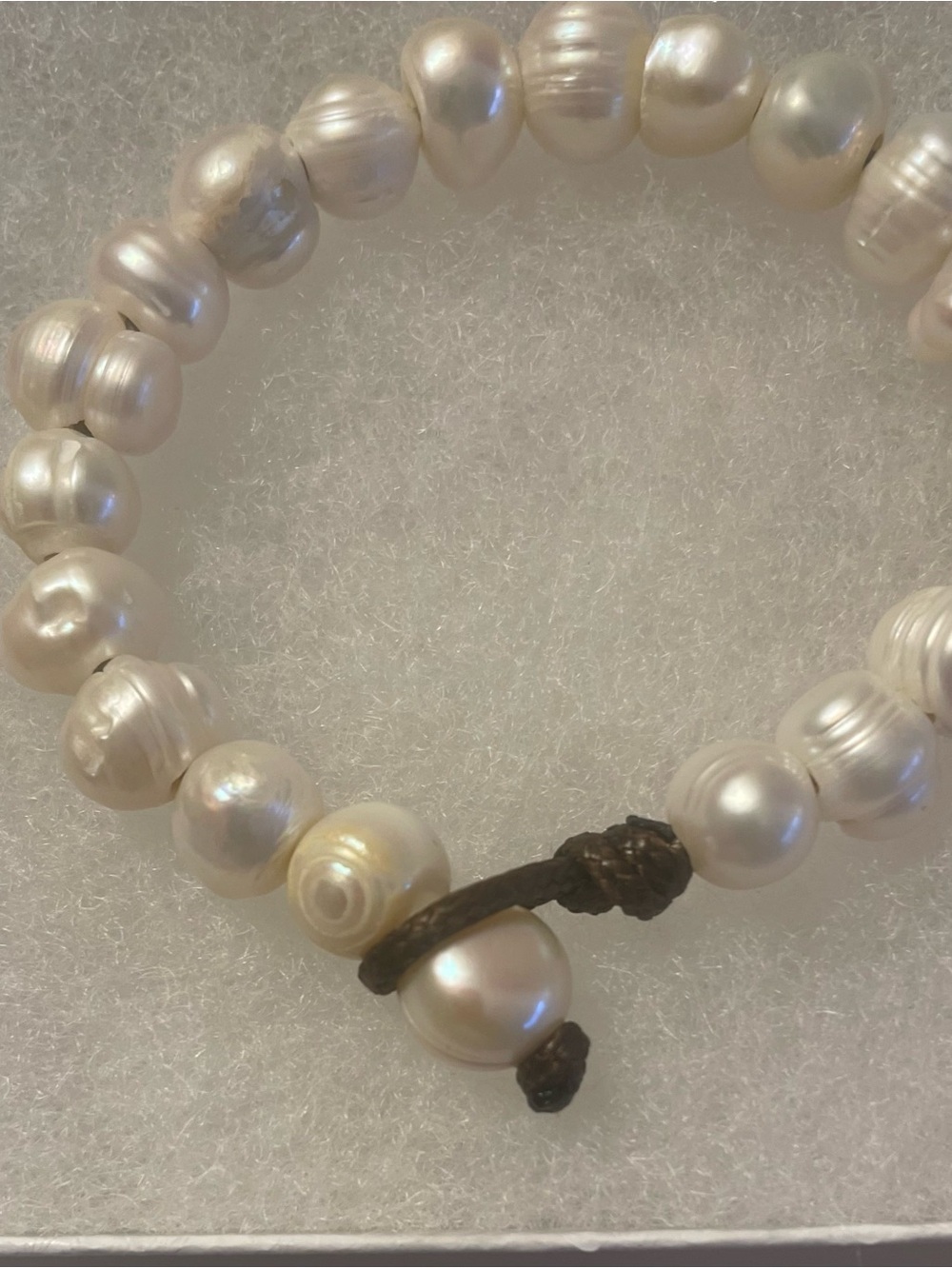 White Natural Pearl Bracelet on a Brown Cord Loop 6 3/4 inches Handmade Boho